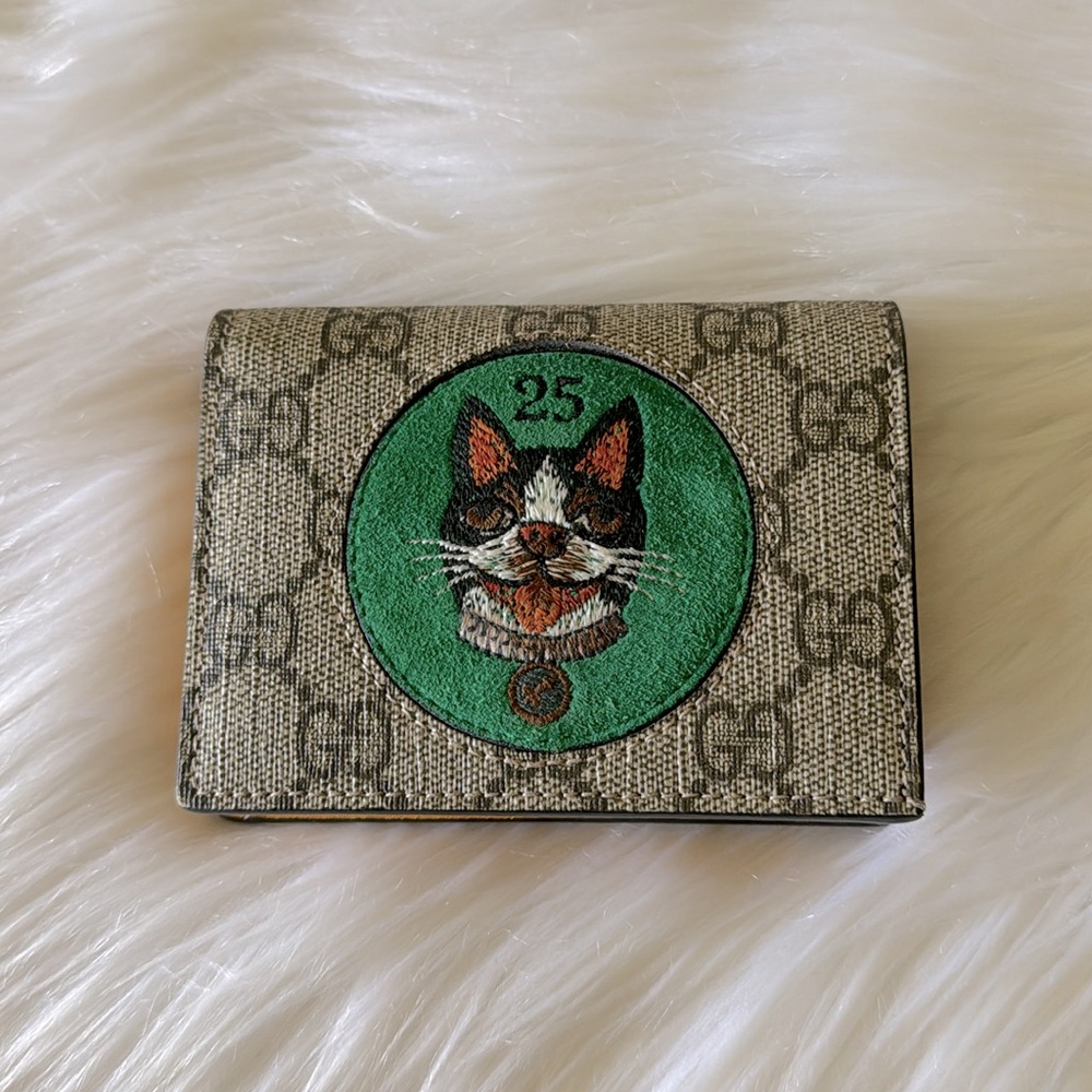 GUCCI GG Supreme Monogram Bosco Patch Card Case Wallet Beige Green